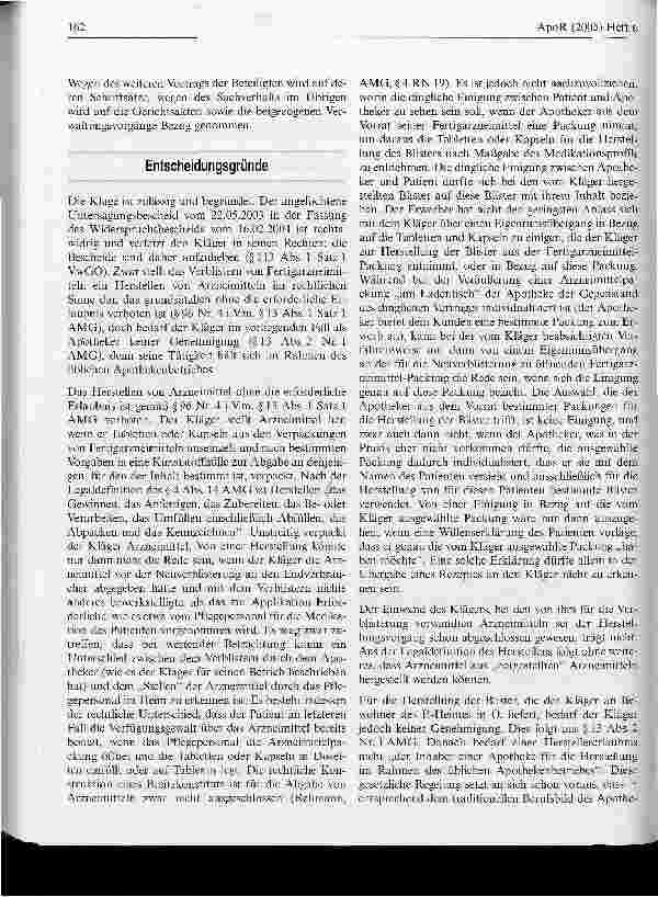 Vorschauseite 4: Zur Erlaubnispflichtigkeit des Hersteilens von Blistern unter Verwendung von Fertigarzneimitteln durch Apotheker