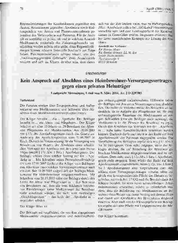 Vorschauseite 1: Kein Anspruch auf Abschluss eines Heimbewohner-Versorgungsvertragesgegen einen privaten Heimträger