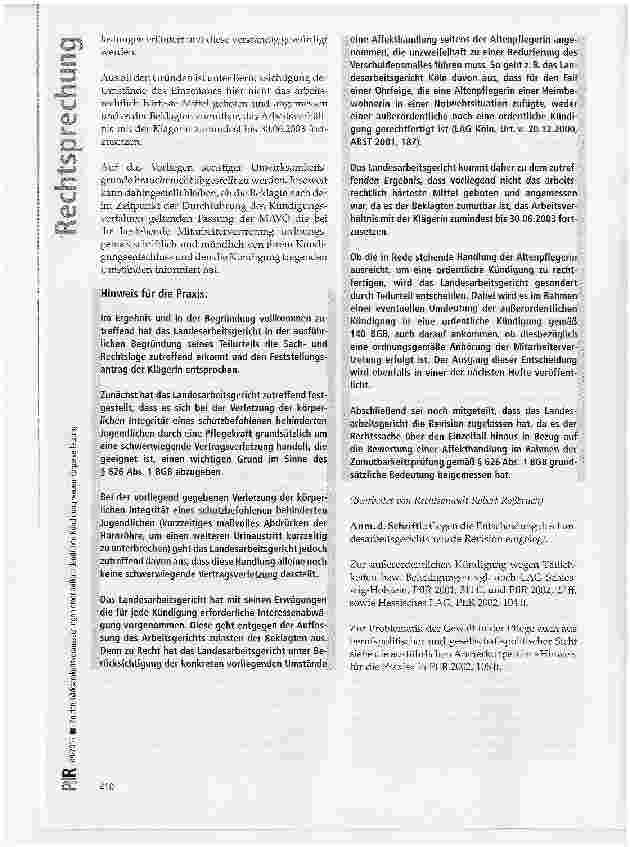 Vorschauseite 5: Zu den Wirksamkeitsvoraussetzungen einer außerordentlichen Kündigung wegen Körperverletzung