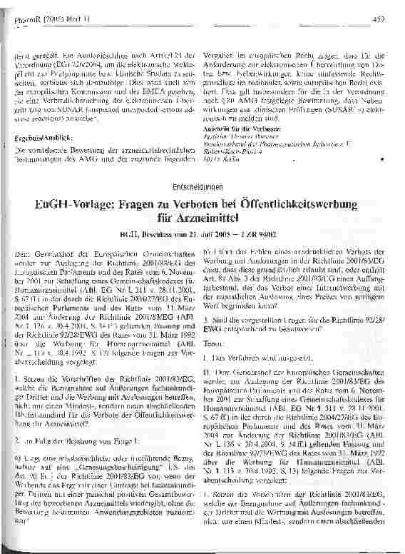 Vorschauseite 1: EuGH-Vorlage: Fragen zu Verboten bei Öffentlichkeitswerbung für Arzneimittel