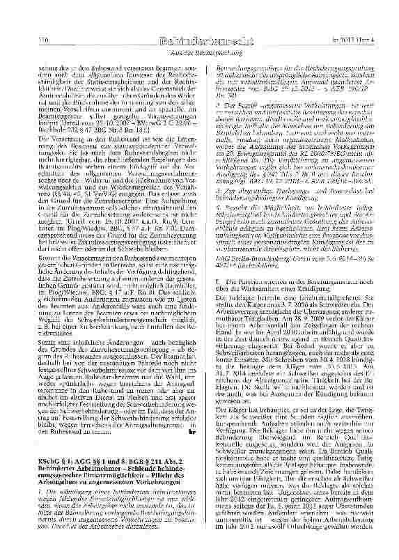 Vorschauseite 1: KSchG § l) AGG §§ 1 und 8; BGB § 241 Abs. 2 Behinderter Arbeitnehmer - Fehlende behinde-rungsgerechte Einsatzmöglichkeit - Pflicht des Arbeitgebers zu angemessenen Vorkehrungen