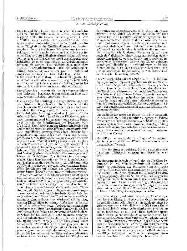 Vorschauseite 2: KSchG § l) AGG §§ 1 und 8; BGB § 241 Abs. 2 Behinderter Arbeitnehmer - Fehlende behinde-rungsgerechte Einsatzmöglichkeit - Pflicht des Arbeitgebers zu angemessenen Vorkehrungen