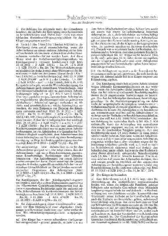 Vorschauseite 3: KSchG § l) AGG §§ 1 und 8; BGB § 241 Abs. 2 Behinderter Arbeitnehmer - Fehlende behinde-rungsgerechte Einsatzmöglichkeit - Pflicht des Arbeitgebers zu angemessenen Vorkehrungen