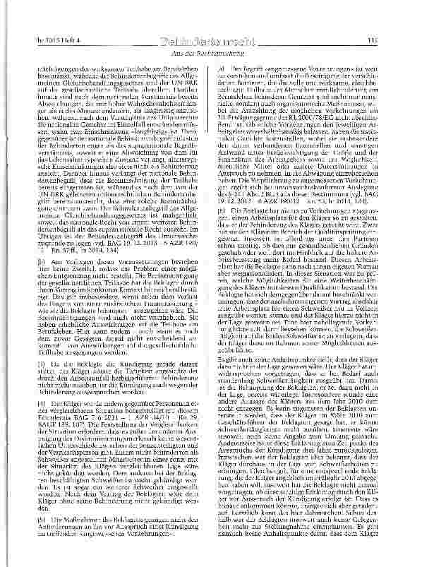 Vorschauseite 4: KSchG § l) AGG §§ 1 und 8; BGB § 241 Abs. 2 Behinderter Arbeitnehmer - Fehlende behinde-rungsgerechte Einsatzmöglichkeit - Pflicht des Arbeitgebers zu angemessenen Vorkehrungen