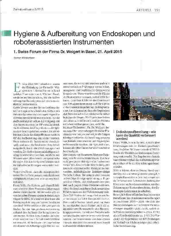 Vorschauseite 1: Hygiene & Aufbereitung von Endoskopen und roboferassistierten Instrumenten 1. Swiss Forum der Firma Dr. Weigert in Basel, 21. April 2015