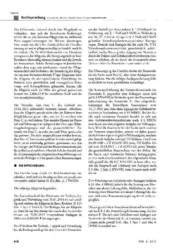 Vorschauseite 4: Zur Kostenschuld eines Heimbetreibers für einen Feuerwehreinsatz HVwKostG § 1; VwKostO-MdlS § 1; HBKG § 61 Abs. 1 Satz 1 und Abs. 6; VwKost-Verz.-VwKostO-MdlS Nr. 5711; HSOG § 1