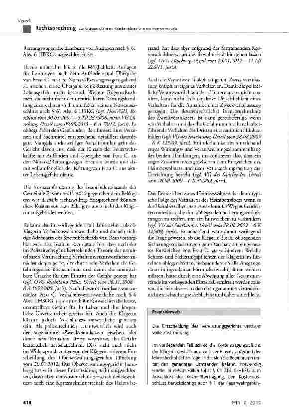 Vorschauseite 6: Zur Kostenschuld eines Heimbetreibers für einen Feuerwehreinsatz HVwKostG § 1; VwKostO-MdlS § 1; HBKG § 61 Abs. 1 Satz 1 und Abs. 6; VwKost-Verz.-VwKostO-MdlS Nr. 5711; HSOG § 1
