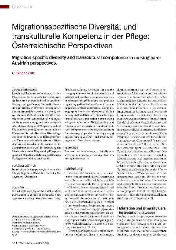 Vorschauseite 1: Migrationsspezifische Diversität und transkulturelle Kompetenz in der Pflege: Österreichische Perspektiven