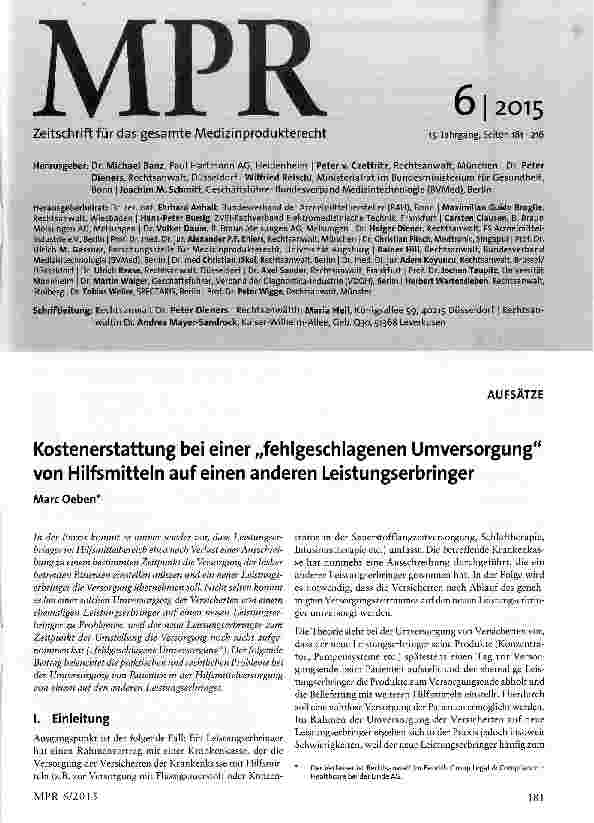 Vorschauseite 1: Kostenerstattung bei einer „fehlgeschlagenen Umversorgung von Hilfsmitteln auf einen anderen Leistungserbringer