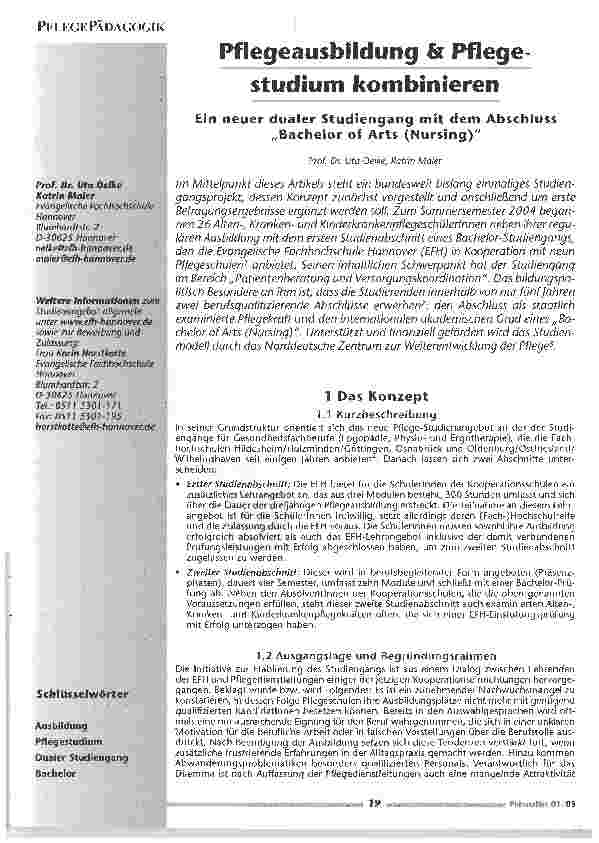 Vorschauseite 1: Pflegeausbildung & Pflege Studium kombinierenEin neuer dualer Studiengang mit dem Abschluss Bachelor of Arts (Nursing)