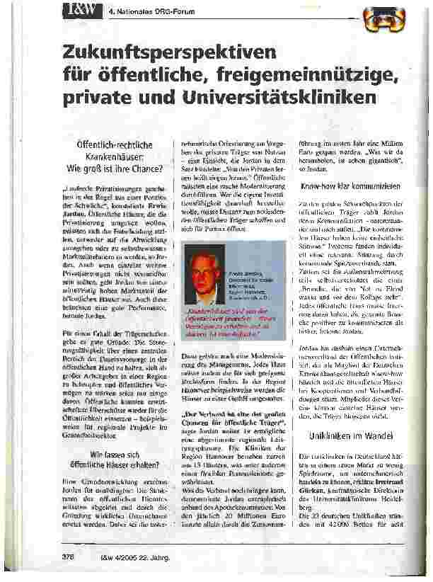Vorschauseite 1: Zukunftsperspektiven für öffentliche, freigemeinnützige,private und Universitätskliniken