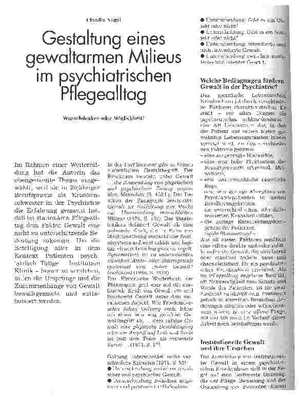 Vorschauseite 1: Gestaltung eines gewaltarmen Milieus im psychiatrischen Pflegealltag Wunschdenken oder Möglichkeit?