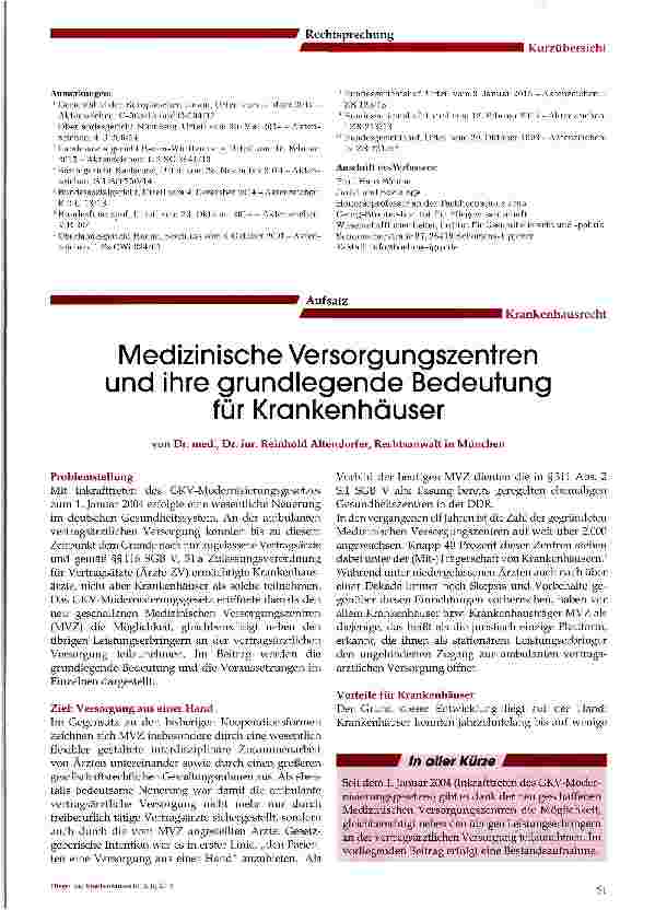 Vorschauseite 1: Medizinische Versorgungszentren und ihre grundlegende Bedeutung für Krankenhäuser