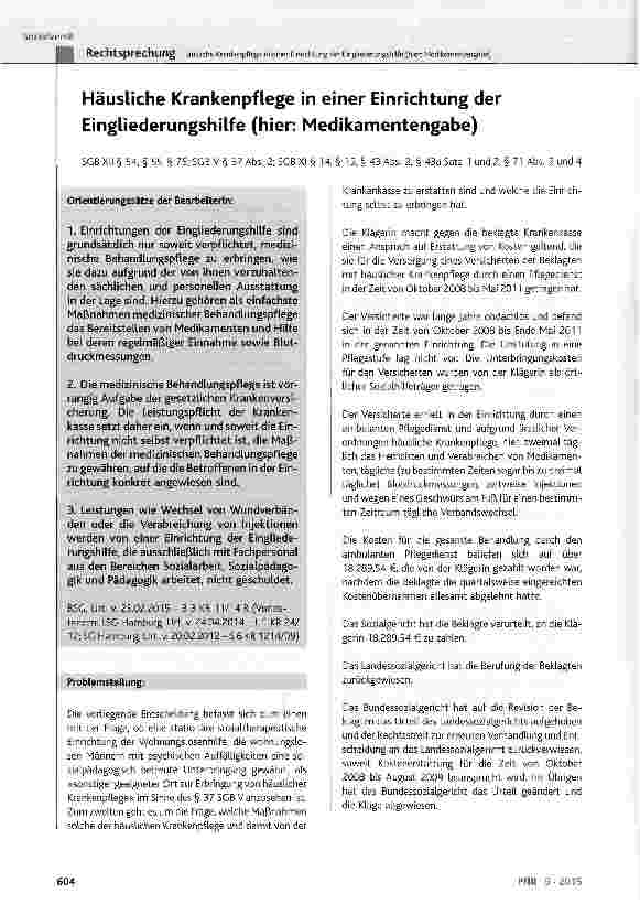 Vorschauseite 1: Häusliche Krankenpflege in einer Einrichtung der Eingliederungshilfe (hier: Medikamentengabe)