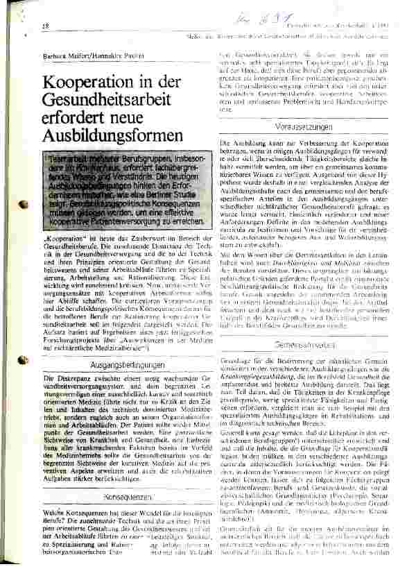 Vorschauseite 1: Kooperatin in der Gesundheitsarbeit erfordert neue Ausbildungsformen