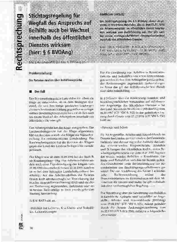 Vorschauseite 1: Stichtagsregelung für Wegfall des Anspruchs auf Beihilfe auch bei Wechsel innerhalb des öffentlichen Dienstes wirksam (hier: § 6 BVOAng)