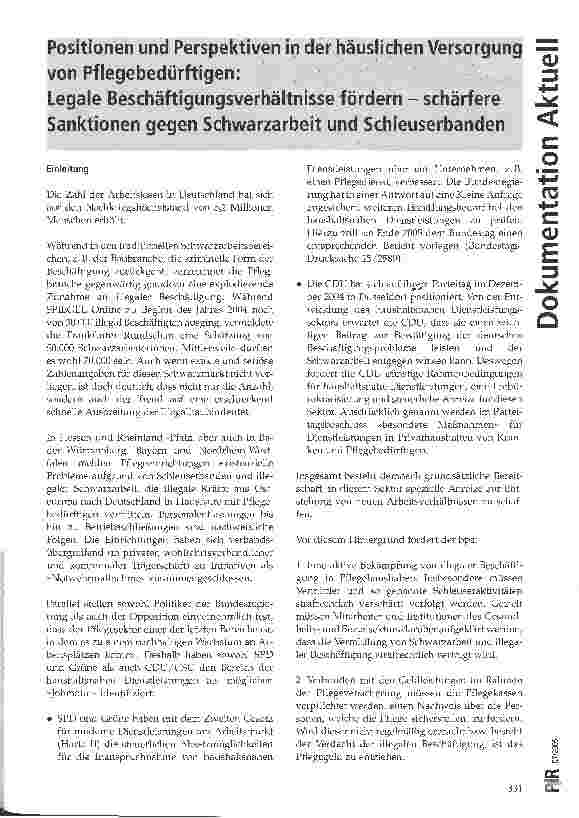 Vorschauseite 1: Positionen und Perspektiven in der häuslichen Versorgung von Pflegebedürftigen: Legale Beschäftigungsverhältnisse fördern - schärfere Sanktionen gegen Schwarzarbeit und Schleuserb…