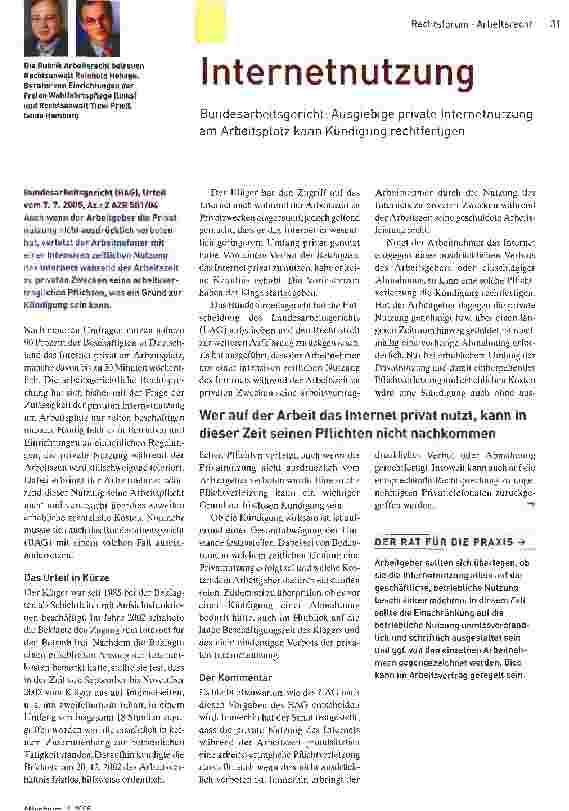 Vorschauseite 1: InternetnutzungBundesarbeitsgericht: Ausgiebige private Internetnutzung am Arbeitsplatz kann Kündigung rechtfertigen