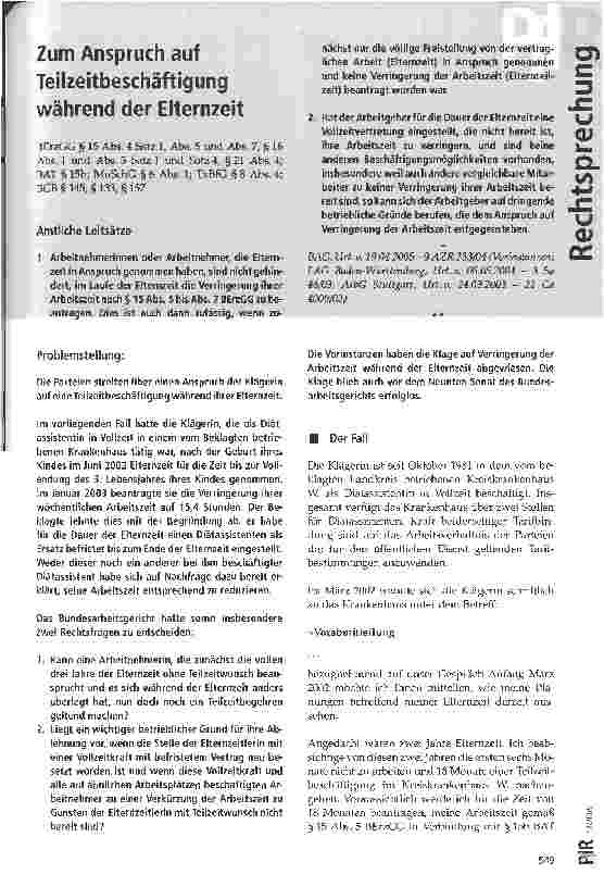 Vorschauseite 1: Zum Anspruch auf i|| Teilzeitbeschäftigung während der Elternzeit