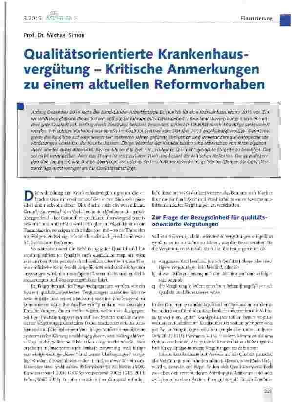 Vorschauseite 1: Qualitätsorientierte Krankenhausvergütung - Kritische Anmerkungen zu einem aktuellen Reformvorhaben