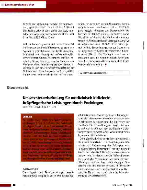 Vorschauseite 1: Umsatzsteuerbefreiung für medizinisch indizierte fußpfleserische Leistungen durch Podologen BFHvom 1.10.2014 (XI R 13/14)