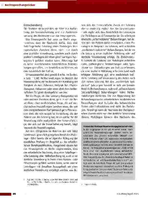 Vorschauseite 3: Umsatzsteuerbefreiung für medizinisch indizierte fußpfleserische Leistungen durch Podologen BFHvom 1.10.2014 (XI R 13/14)