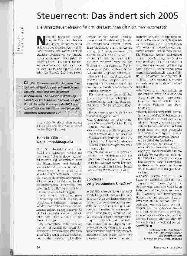 Vorschauseite 1: Steuerrecht: Das ändert sich 2005Die Umsatzsteuerbefreiung für ärztliche Leistungen gilt nicht mehr automatisch