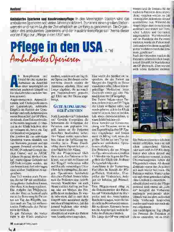 Vorschauseite 1: Pflege in den USA 4. Teil Ambulantes Operieren und Hauskrankenpflege
