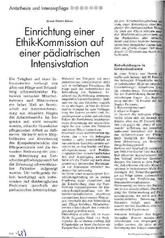 Vorschauseite 1: Einrichtung einer Ethik-Komisssion auf einer pädiatrischen Intensivstation