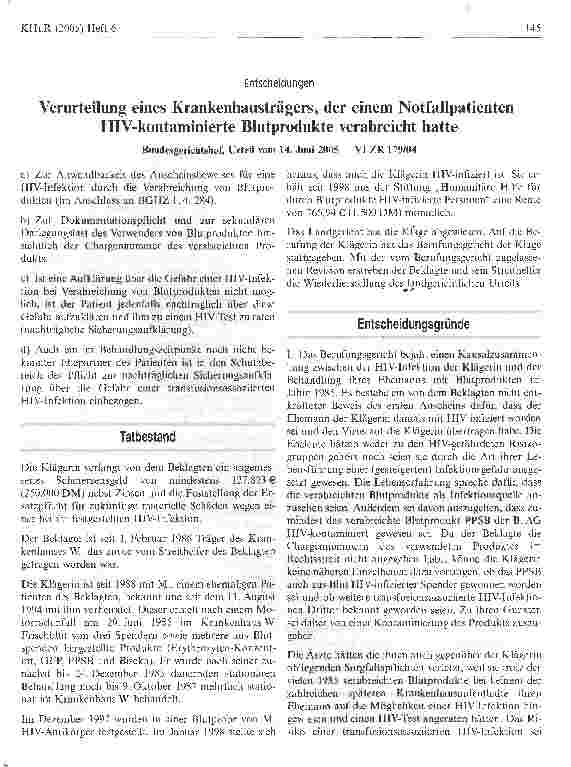 Vorschauseite 1: Verurteilung eines Krankenhausträgers, der einem Notfallpatienten HlV-kontaminierte Blutprodukte verabreicht hatte