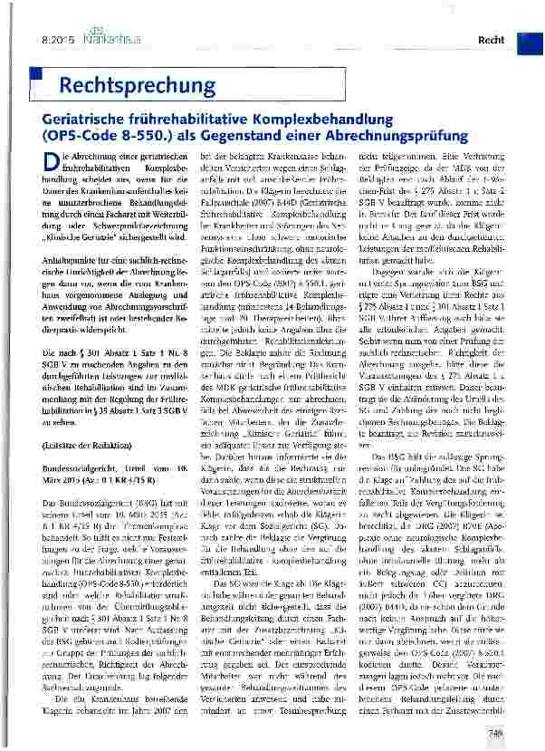 Vorschauseite 1: Geriatrische frührehabilitative Komplexbehandlung (OPS-Code 8-550.) als Gegenstand einer Abrechnungsprüfung