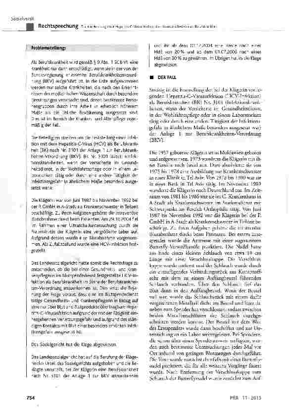 Vorschauseite 2: Zur Anerkennung einer Hepatitis-C-Virusinfektion einer Krankenschwester als Berufskrankheit BK Nr. 3101 der Anlage 1 zur BKV; SGB VII § 2, § 3, § 6, § 9 Abs. 1 Satz 1