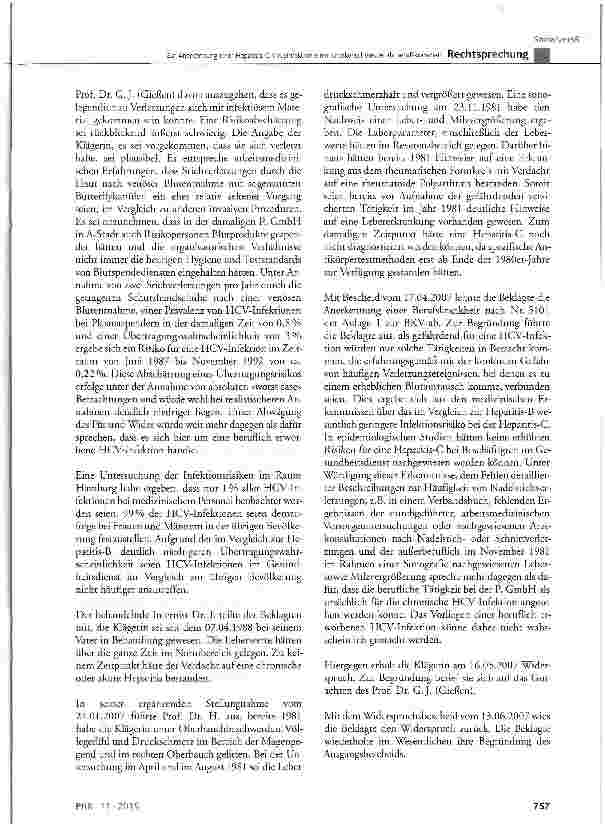 Vorschauseite 5: Zur Anerkennung einer Hepatitis-C-Virusinfektion einer Krankenschwester als Berufskrankheit BK Nr. 3101 der Anlage 1 zur BKV; SGB VII § 2, § 3, § 6, § 9 Abs. 1 Satz 1