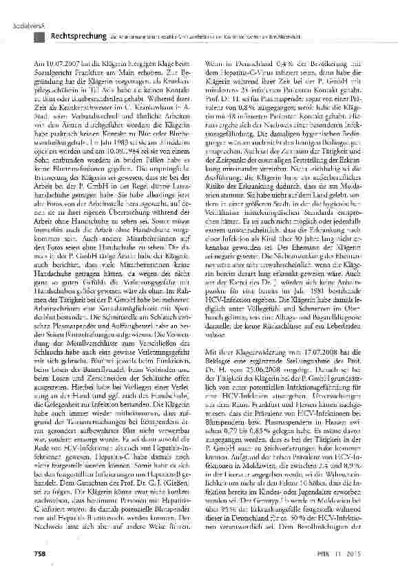 Vorschauseite 6: Zur Anerkennung einer Hepatitis-C-Virusinfektion einer Krankenschwester als Berufskrankheit BK Nr. 3101 der Anlage 1 zur BKV; SGB VII § 2, § 3, § 6, § 9 Abs. 1 Satz 1