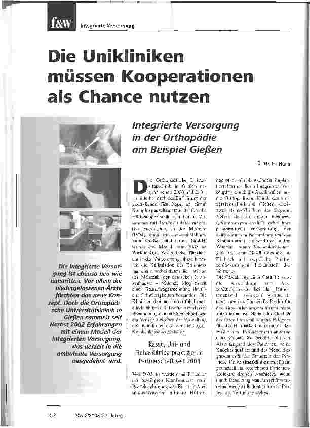 Vorschauseite 1: Die Unikliniken müssen Kooperationen als Chance nutzenIntegrierte Versorgung in der Orthopädie am Beispiel Gießen