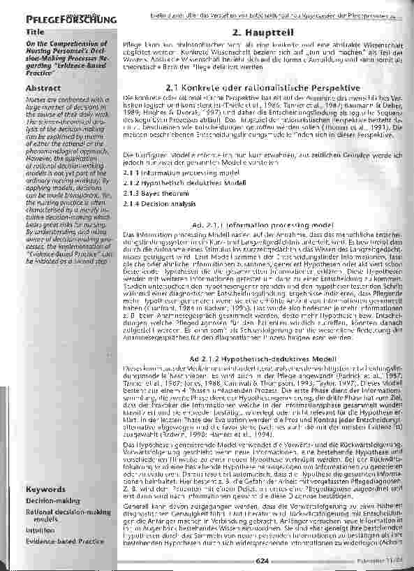 Vorschauseite 2: Über das Verstehen von Entscheidungsfindungsprozessender Pflegepersonen zu Evidence based Practice