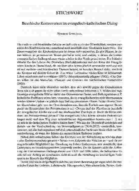Vorschauseite 1: Bioethische Kontroversen im evangelisch-katholischen Dialog