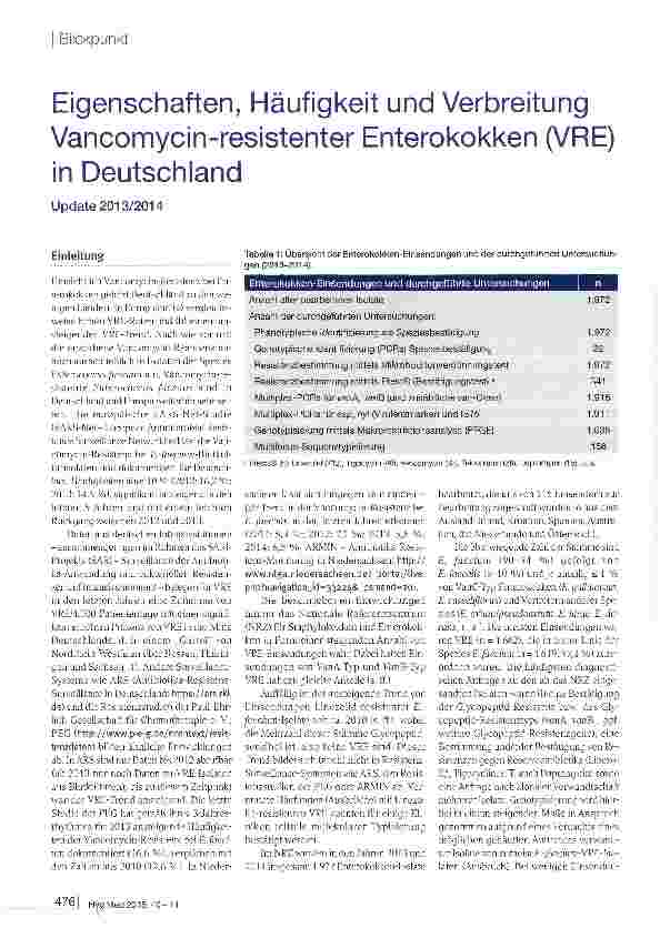 Vorschauseite 1: Eigenschaften, Häufigkeit und Verbreitung Vancomycin-resistenter Enterokokken (VRE) in Deutschland