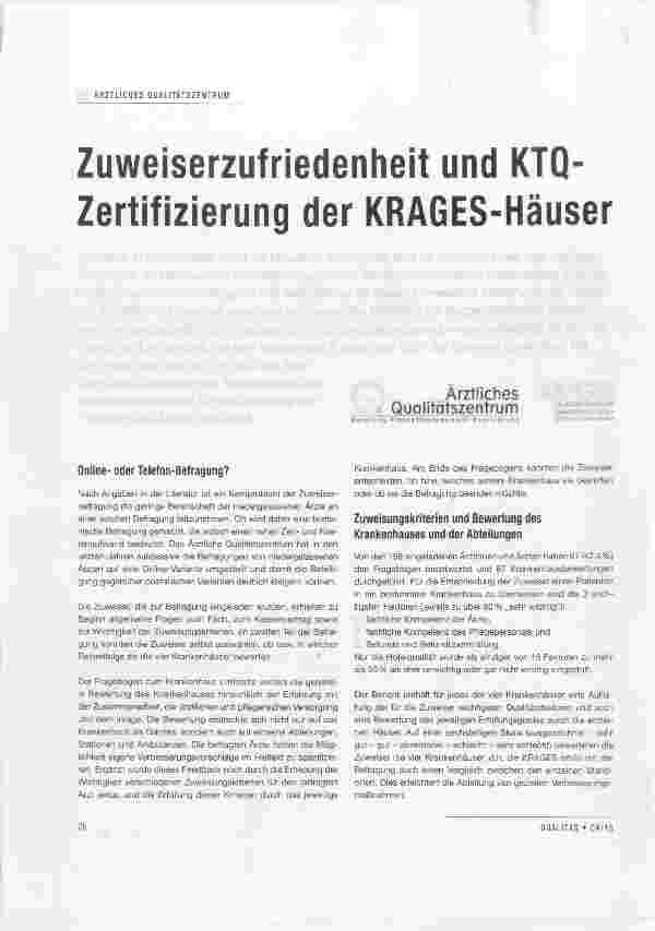 Vorschauseite 1: Zuweiserzufriedenheit und KTQ-Zertifizierung der KRAGES-Häuser