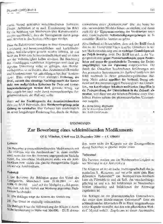 Vorschauseite 1: Zur Bewerbung eines schleimlösenden MedikamentsOLG München, Urteil vom 23. Dezember 2004 - 6 U 4304/01