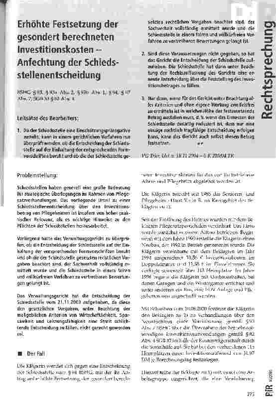 Vorschauseite 1: Erhöhte Festsetzung der gesondert berechneten Investitionskosten -Anfechtung der Schieds stellenentscheidung