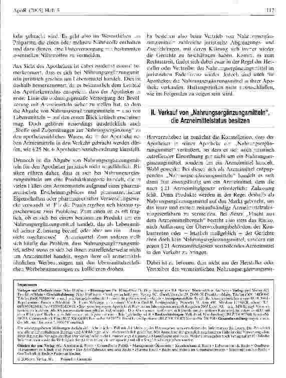 Vorschauseite 2: Verkauf von Nahrungsergänzungsmitteln in Apotheken: Haftungsrisiken des Apothekers