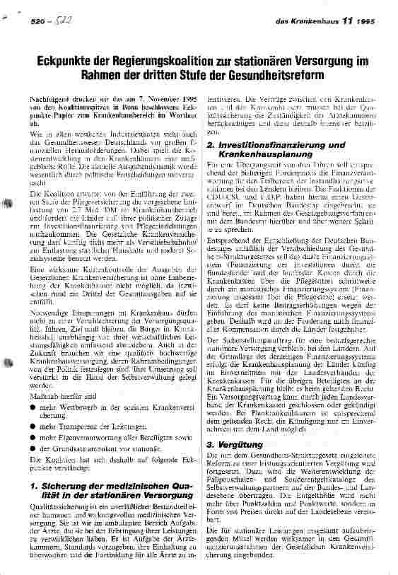 Vorschauseite 1: Eckpunkte der Regierugnskoalition zur stationären Versorgung im Rahmen der dritten Stufe der Gesundheitsreform
