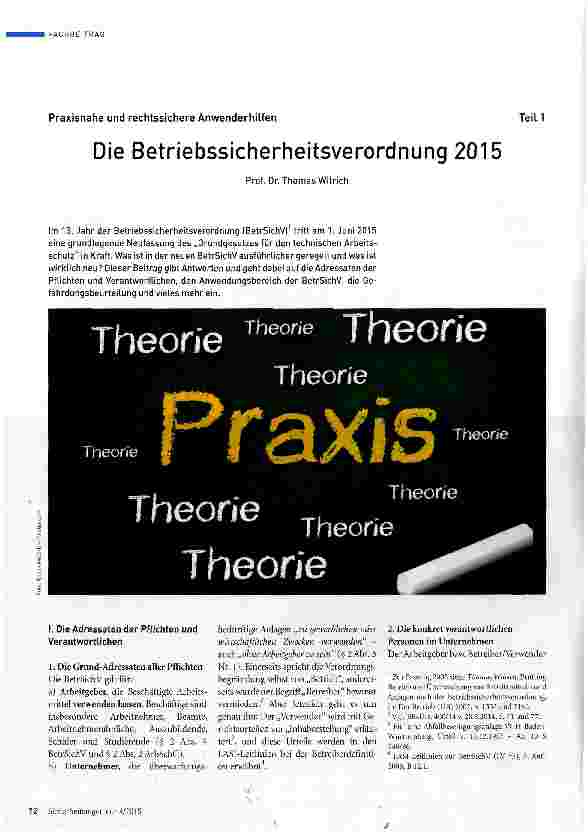 Vorschauseite 1: Praxisnahe und rechtssichere Anwenderhilfen Teil 1 Die Betriebssicherheitsverordnung 2015