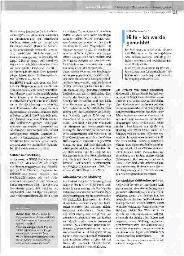 Vorschauseite 2: Vertiefte Ergebnisse der SHURP-Stuclie, Teil 1 Mobbing in Schweizer Pflegeheimen
