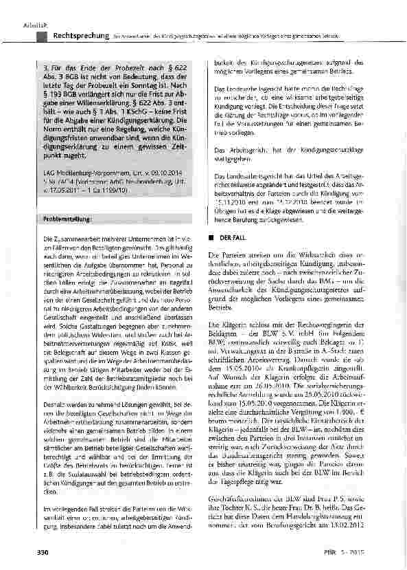 Vorschauseite 2: Zur Anwendbarkeit des Kündigungsschutzgesetzes bei einem möglichen Vorliegen eines gemeinsamen Betriebs KSchG § 1, § 23; BGB § 193, § 622 Abs. 3