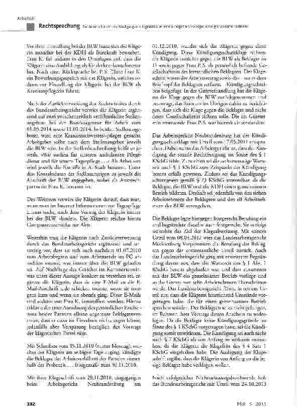 Vorschauseite 4: Zur Anwendbarkeit des Kündigungsschutzgesetzes bei einem möglichen Vorliegen eines gemeinsamen Betriebs KSchG § 1, § 23; BGB § 193, § 622 Abs. 3