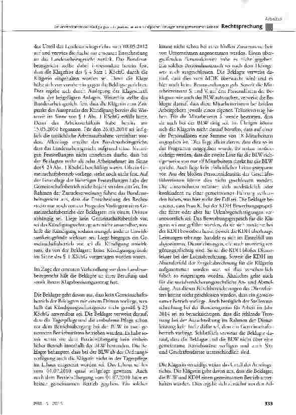 Vorschauseite 5: Zur Anwendbarkeit des Kündigungsschutzgesetzes bei einem möglichen Vorliegen eines gemeinsamen Betriebs KSchG § 1, § 23; BGB § 193, § 622 Abs. 3