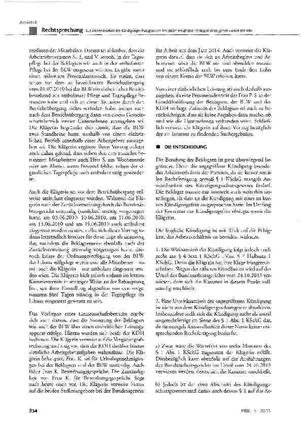 Vorschauseite 6: Zur Anwendbarkeit des Kündigungsschutzgesetzes bei einem möglichen Vorliegen eines gemeinsamen Betriebs KSchG § 1, § 23; BGB § 193, § 622 Abs. 3