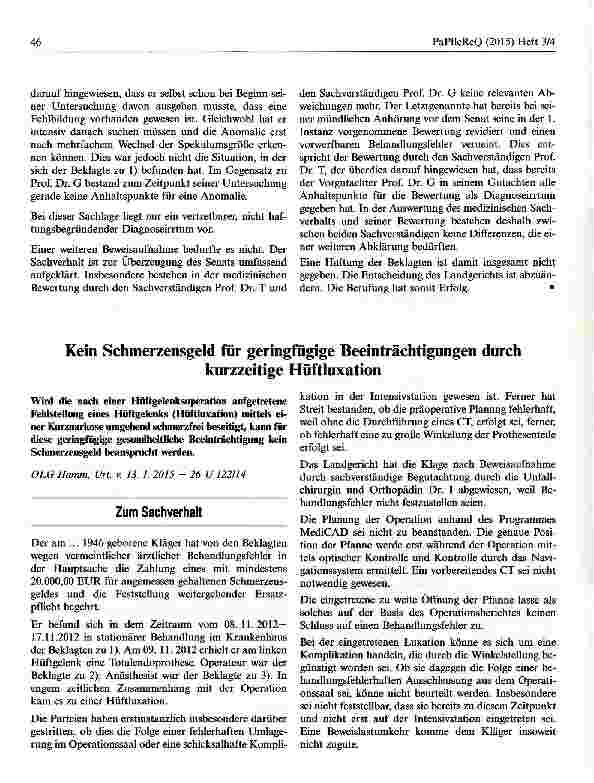 Vorschauseite 1: Kein Schmerzensgeld für geringfügige Beeinträchtigungen durch kurzzeitige Hüftluxation